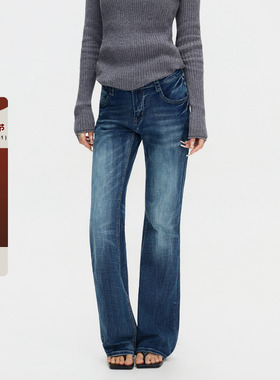 F383 美式复古辣妹深蓝低腰竹节纹窄板微喇牛仔裤女百搭显瘦长裤