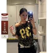 复古迷彩斜肩设计感短袖 F383 2025美式 辣妹T恤宽松百搭显瘦女ins