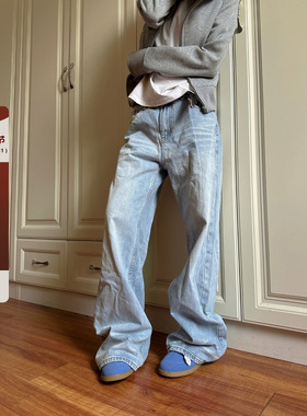 F383 2025美式复古猫须浅蓝色牛仔裤男cleanfit直筒宽松显瘦裤女