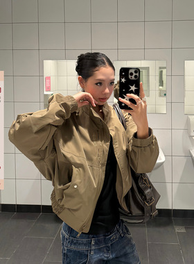 F383 美式复古立领飞行员翻领短款夹克女设计感宽松休闲风衣外套