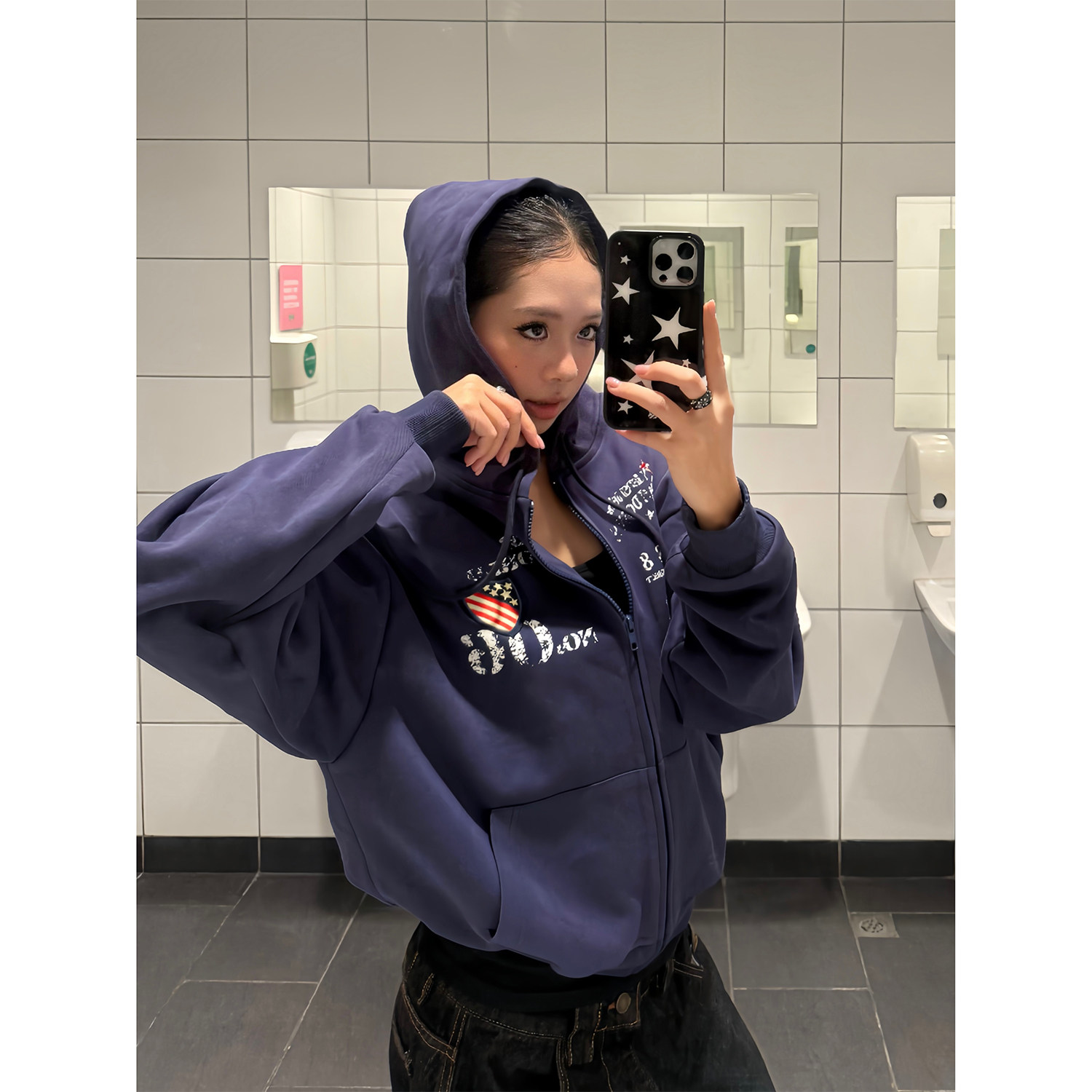 F383 美式复古设计感字母刺绣印花连帽卫衣男女重磅宽松百搭帽衫