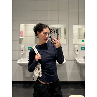 T恤女休闲修身 复古简约风纯色圆领长袖 显瘦百搭打底上衣 美式 F383