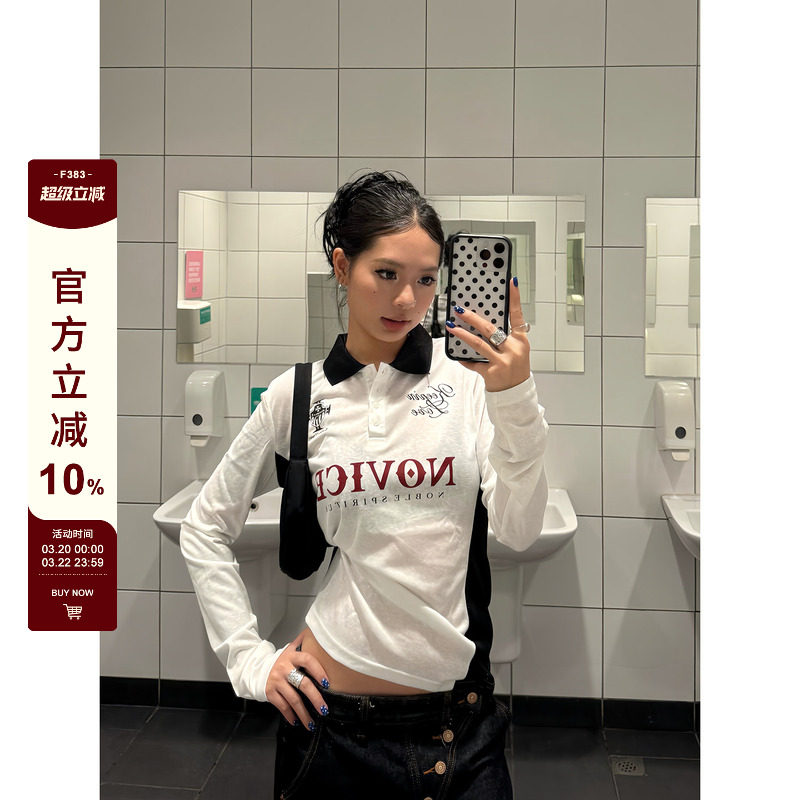 F383 美式复古潮牌字母印花POLO领T恤女薄款夏季修身显瘦长袖罩衫