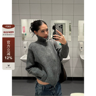 F383 美式复古立领拉链开衫毛衣男女宽松休闲慵懒风针织衫外套ins