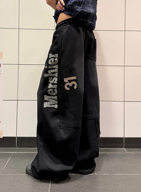 F383 美式复古做旧字母弯刀阔腿拖地卫裤男女宽松休闲百搭直筒ins