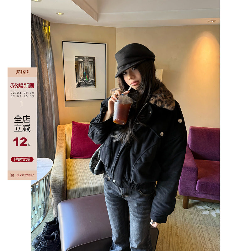 F383 美式复古拼接豹纹翻领夹克棉服男女冬季新款保暖棉衣外套ins
