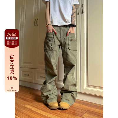 【F383】拉链口袋工装裤