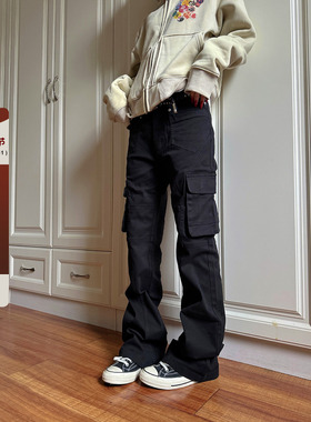 F383 直筒微喇工装裤男女宽松显瘦美式复古cleanfit休闲牛仔裤子