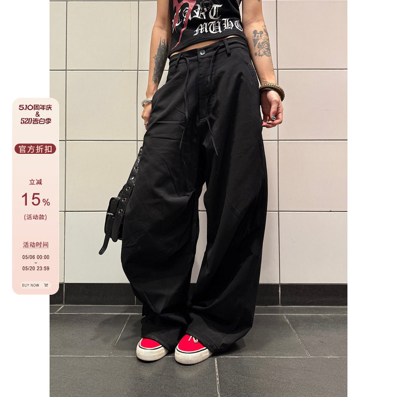 F383 美式复古褶皱系带西裤男女宽松直筒垂感阔腿伞兵运动休闲裤