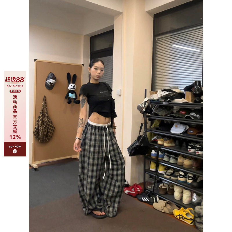 F383 美式复古慵懒风百搭格子裤男女爵士舞双腰头拼接宽松阔腿裤