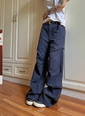 F383 2024美式复古做旧灰色工装男款褶皱垂感微喇cleanfit休闲裤