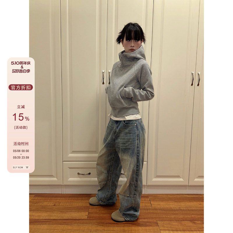 F383 2026灰色短款连帽卫衣女早秋新款修身显瘦长袖美式拉链外套