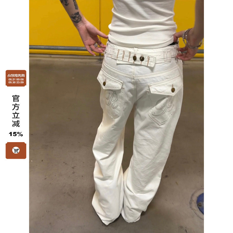 F383 美式复古巴黎扣设计竹节牛仔裤男女水洗直筒宽松百搭长裤ins