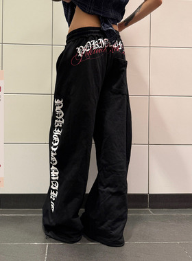 F383 美式复古字母印花设计垂感抽绳休闲裤男女慵懒百搭拖地裤ins