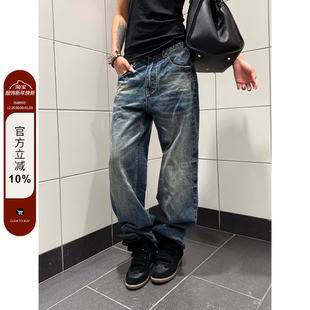 垂感百搭长裤 F383 男女款 复古高街直筒宽松阔腿深色牛仔裤 ins 美式