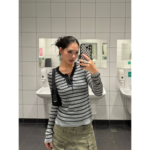 F383 美式复古设计感小众V领条纹针织长袖T恤女修身显瘦百搭上衣