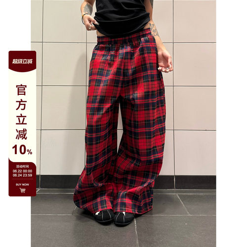 F383拼色格子抽绳休闲裤