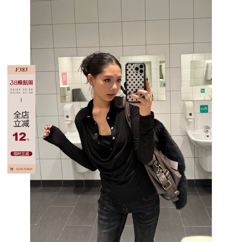 F383 美式复古假两件设计感POLO领内搭长袖T恤女休闲显瘦打底上衣