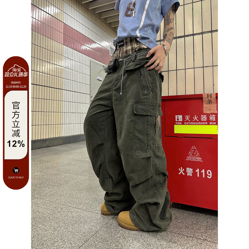 【F383】多口袋褶皱工装裤