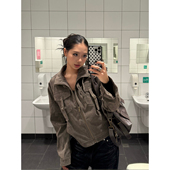 复古麂皮绒立领金属扣工装 F383 美式 口袋夹克男女设计感显瘦上衣