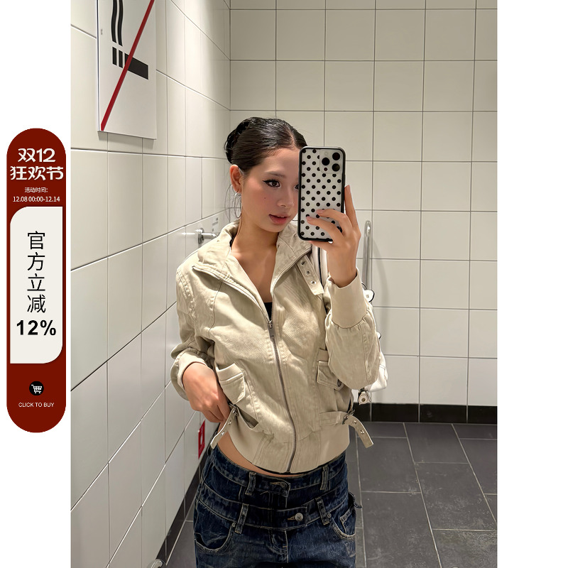 F383美式复古解构水洗绑带外套