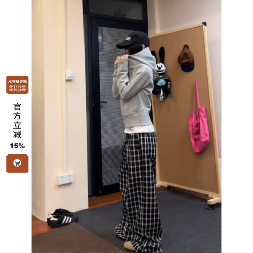 中高腰复古格子休闲裤