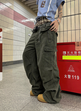 F383 美式复古设计感多口袋褶皱工装裤男女宽松拉链休闲直筒长裤