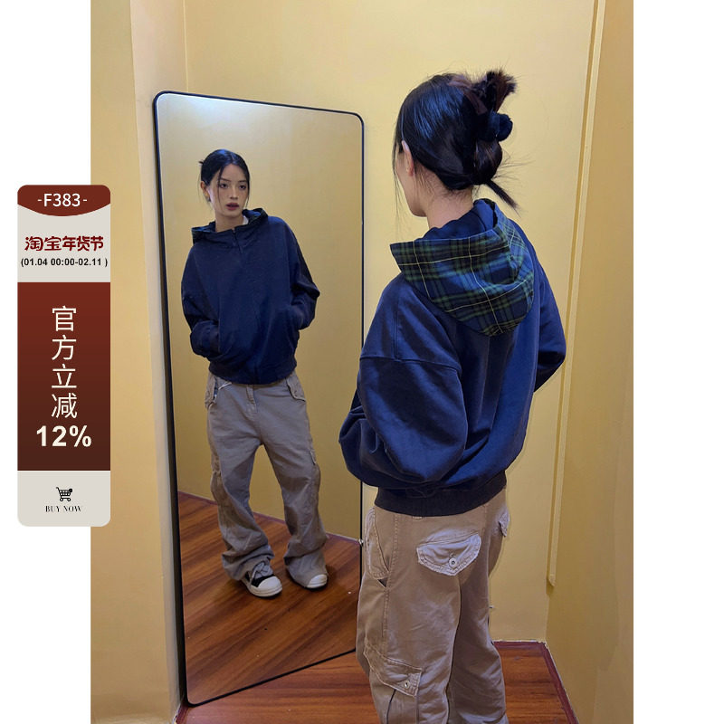 F383 2024AW国潮原创美式复古小众拼接格子连帽拉链卫衣外套男女