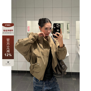 F383 美式复古立领飞行员翻领短款夹克女设计感宽松休闲风衣外套