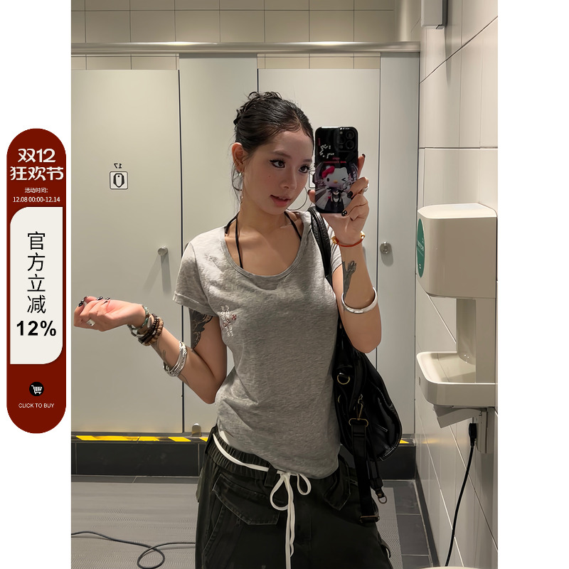 【F383】U型领印花设计基础短袖