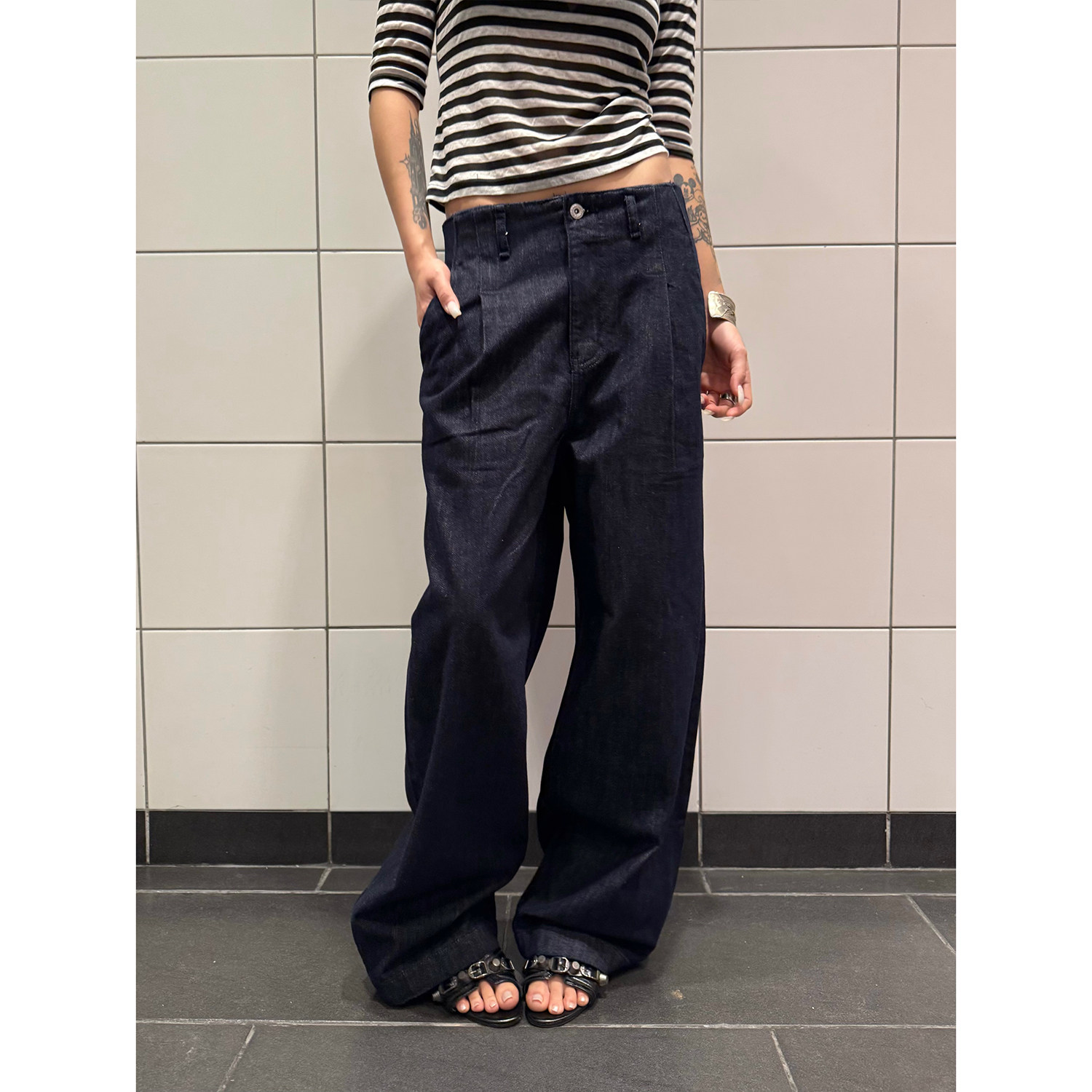F383 美式复古原牛蓝收褶阔腿牛仔裤男女设计感百搭显瘦直筒裤子