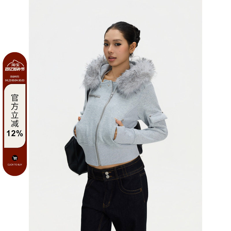 F383 美式复古斜襟毛领棉服加绒外套冬季短款修身连帽开衫卫衣ins