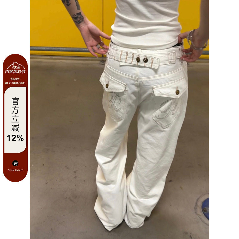 F383 美式复古巴黎扣设计竹节牛仔裤男女水洗直筒宽松百搭长裤ins