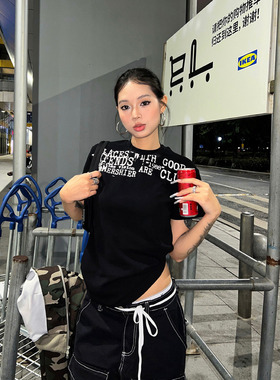 F383 2025美式复古字母印花正肩短袖T恤宽松休闲百搭打底上衣男女