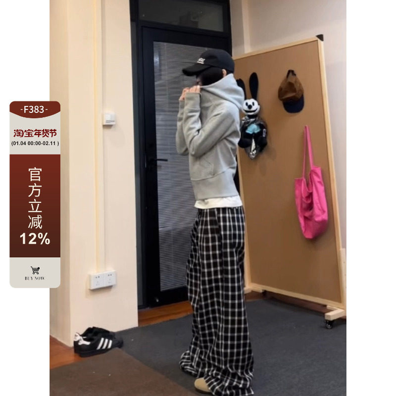 F383 2026复古格子休闲裤宽松慵懒风阔腿直筒拖地裤赵露思同款
