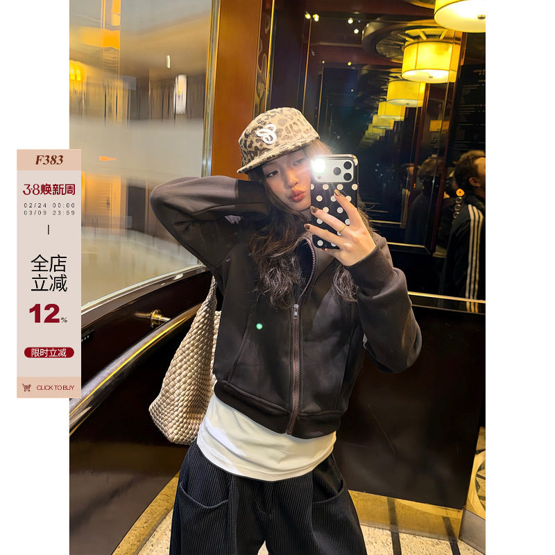 F383 美式复古基础款连帽加绒开衫短款卫衣女秋冬休闲百搭短外套