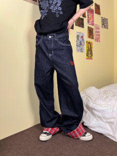 男女阔腿直筒宽松裤 格子拼接卷边牛仔裤 2024AW国潮原创美式 F383
