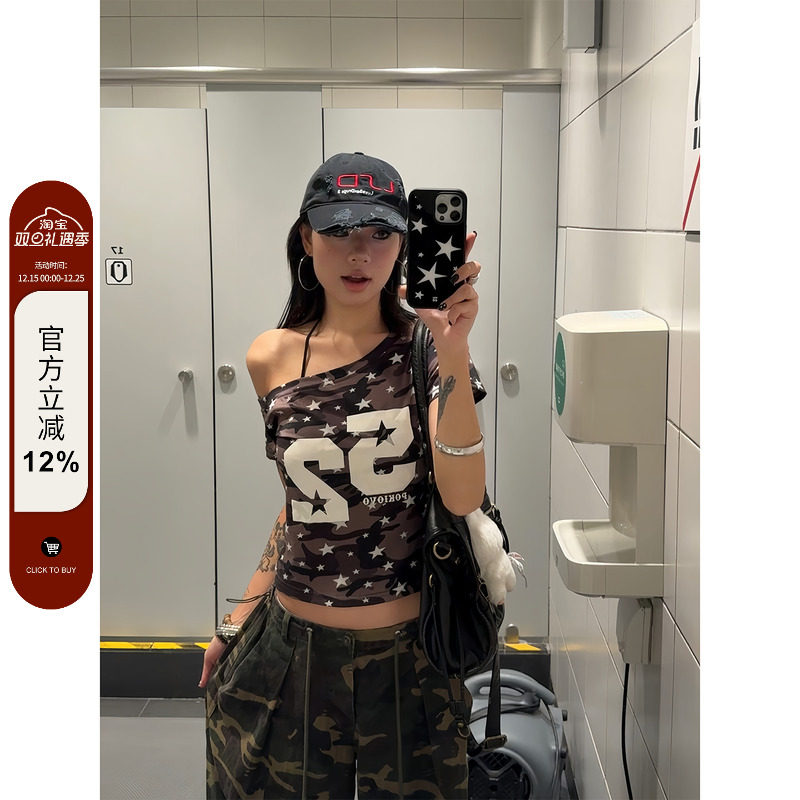 【F383】辣妹迷彩斜肩短款T恤