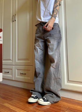 F383 2024美式复古烟灰色牛仔裤男女宽松直筒水洗设计vintage裤子