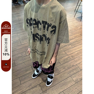 F383 复古磨损字母宽松ins 2023AW国潮原创街头骷髅阴影人做旧短袖