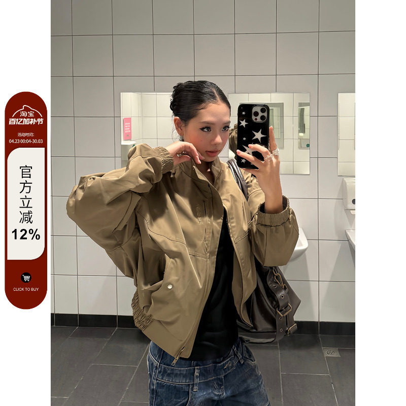 F383 美式复古立领飞行员翻领短款夹克女设计感宽松休闲风衣外套