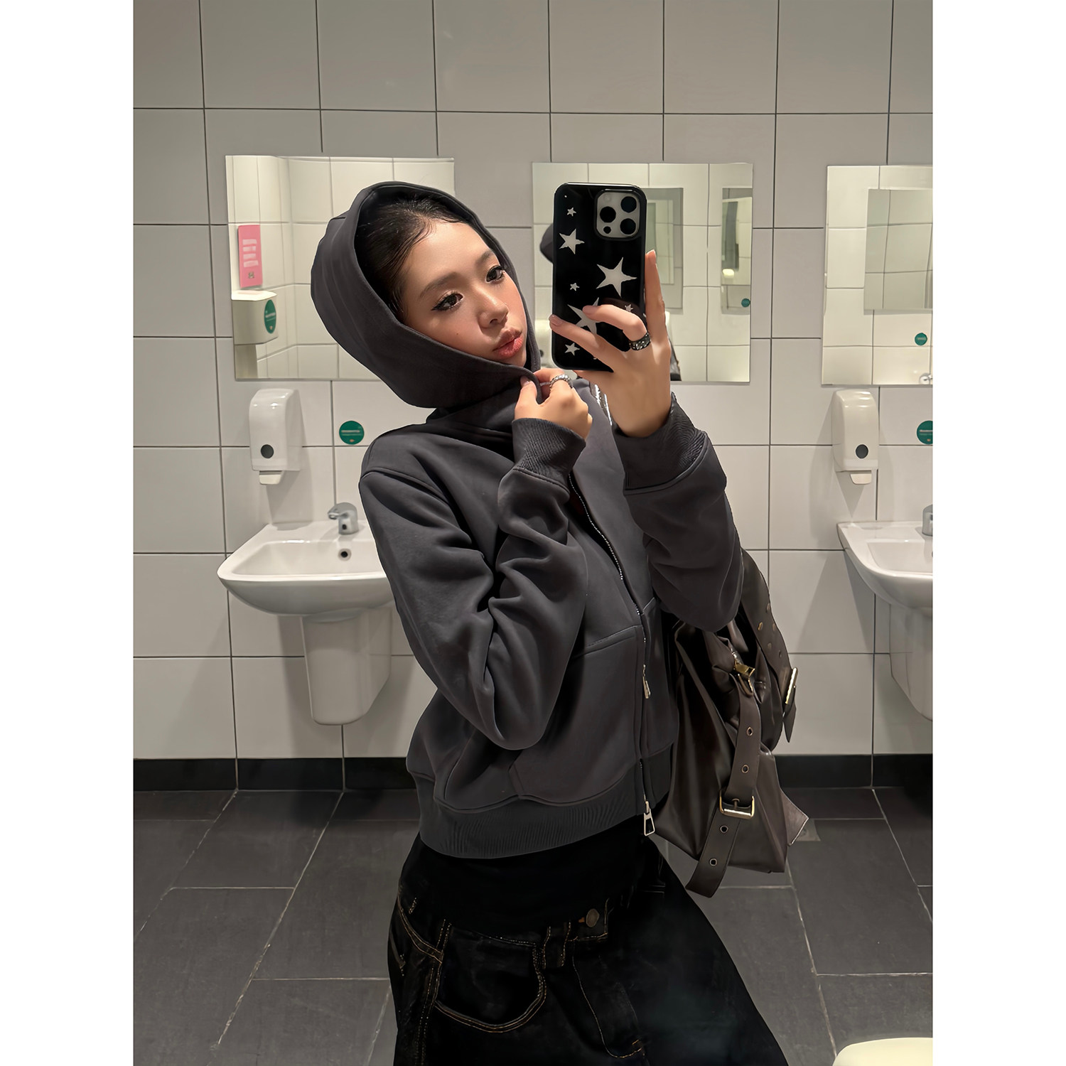 F383 美式复古基础款正肩短款连帽卫衣男女宽松休闲百搭帽衫外套