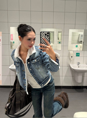 F383 美式复古羊羔绒牛仔夹克棉服男女短款加厚保暖翻领棉衣外套