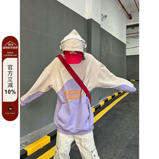 F383 2022AW国潮原创假两件发泡印花连帽卫衣男女嘻哈宽松上衣ins