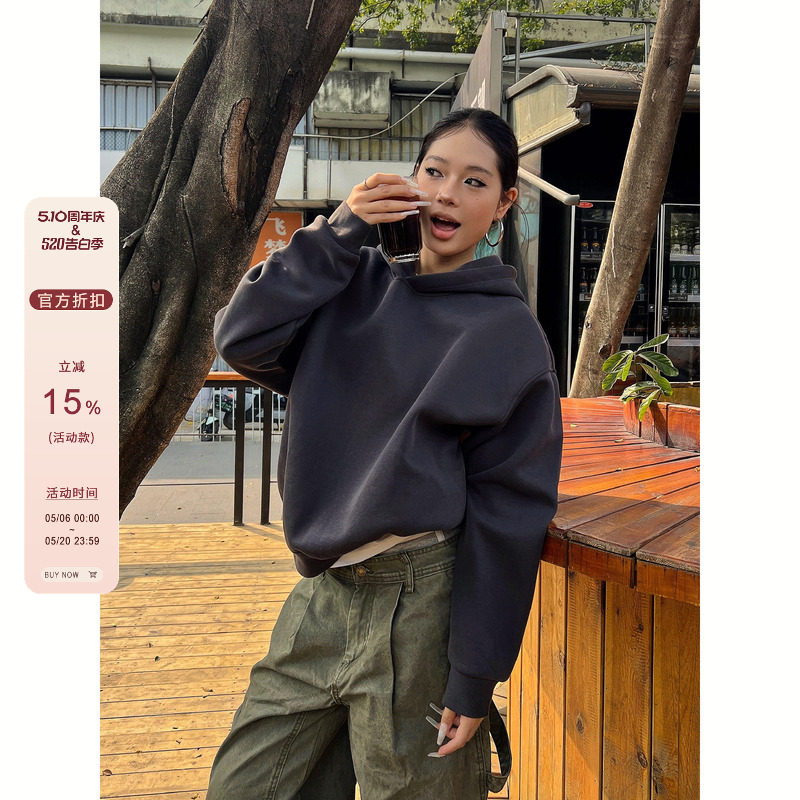 F383 2026美式重磅纯色简约设计连帽卫衣复古cleanfit短款帽衫潮