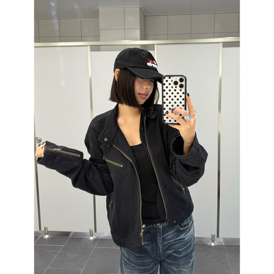 F383美式复古潮牌斜拉链工装夹克