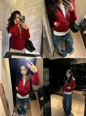 F383 美式复古辣妹毛领针织衫开衫外套女高级感拉链修身显瘦上衣