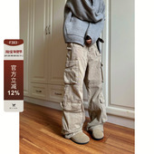 F383 ins 男女街头宽松休闲裤 2024复古做旧多口袋卡其色直筒工装 裤