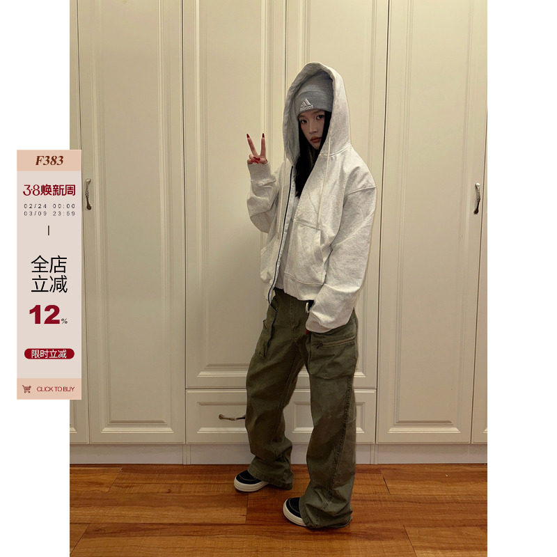 F383 2026美式高街cleanfit短款连帽卫衣外套男女潮宽松百搭上衣