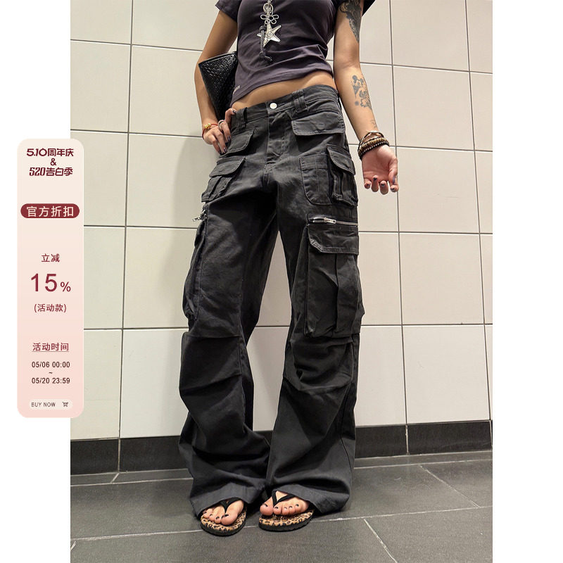 F383 2025美式复古多口袋设计工装裤宽松休闲直筒拖地长裤男女ins